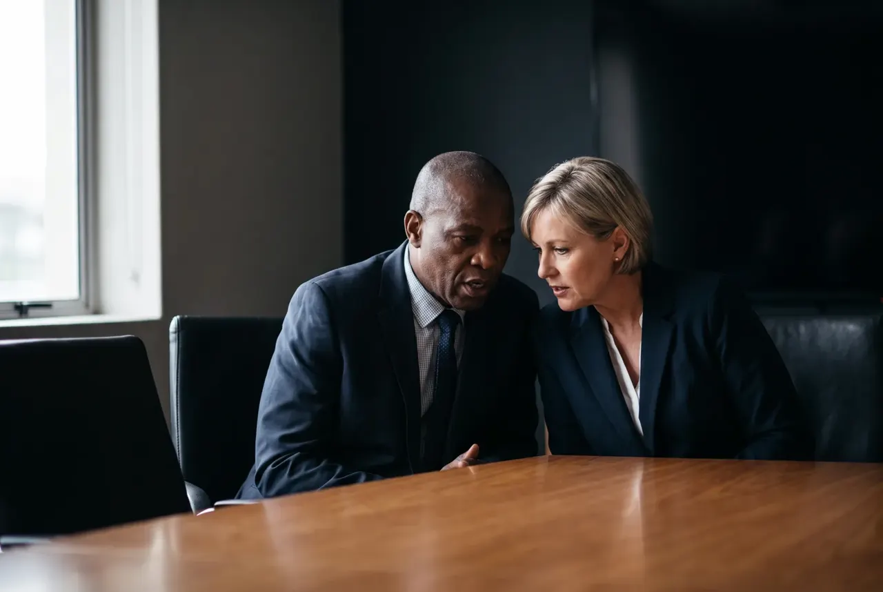 Two executives leaning together over a boardroom table in low light, one making a point to the other.