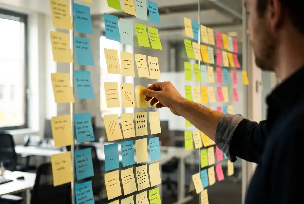 A person placing a sticky note onto a glass wall already covered in a grid of coloured notes.